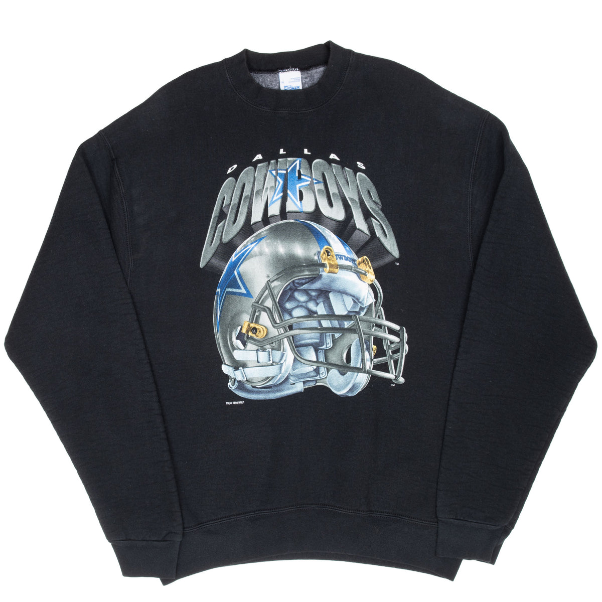 Full front view of black Dallas Cowboys crewneck sweatshirt with helmet print