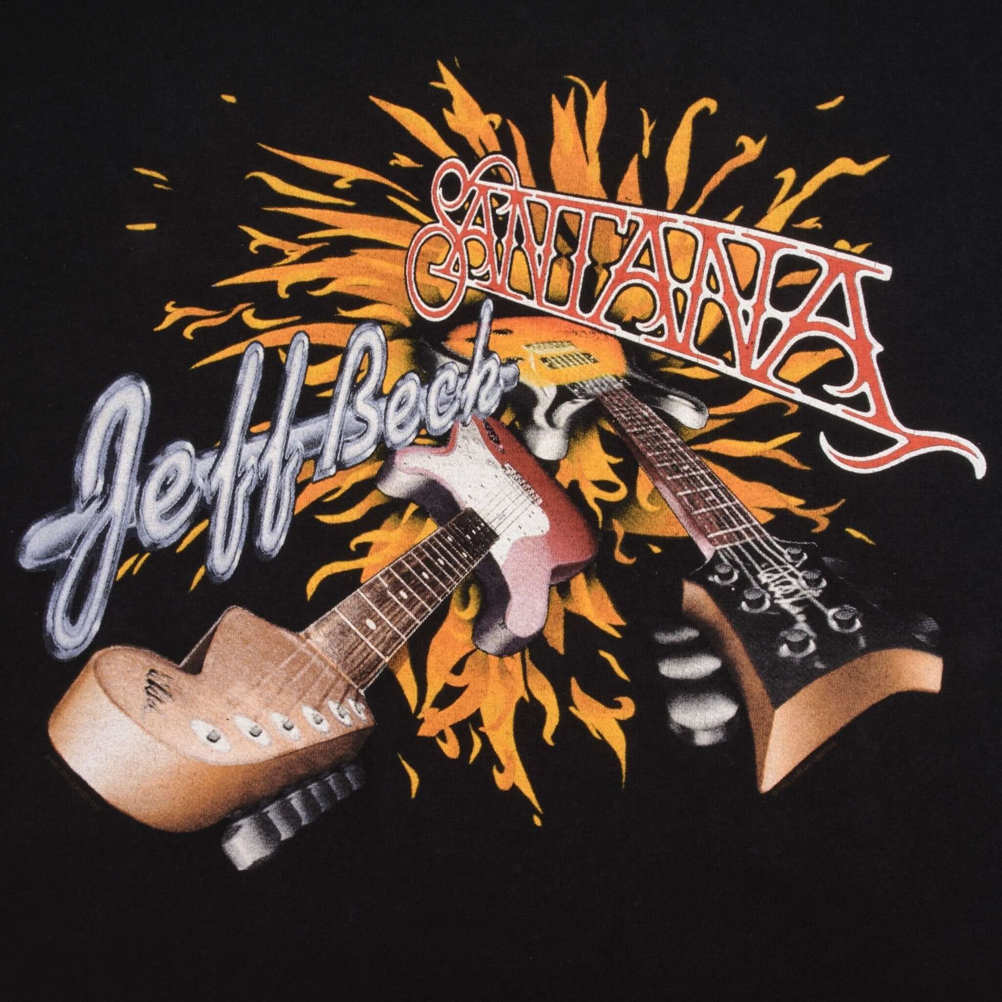 Close-up of Jeff Beck and Santana front graphic with guitars and orange sun design