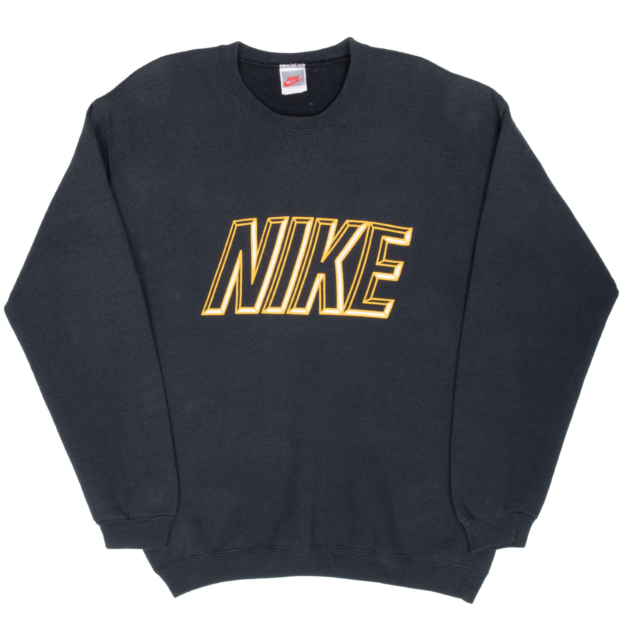 Full front view of black Nike sweatshirt with yellow outlined spellout graphic