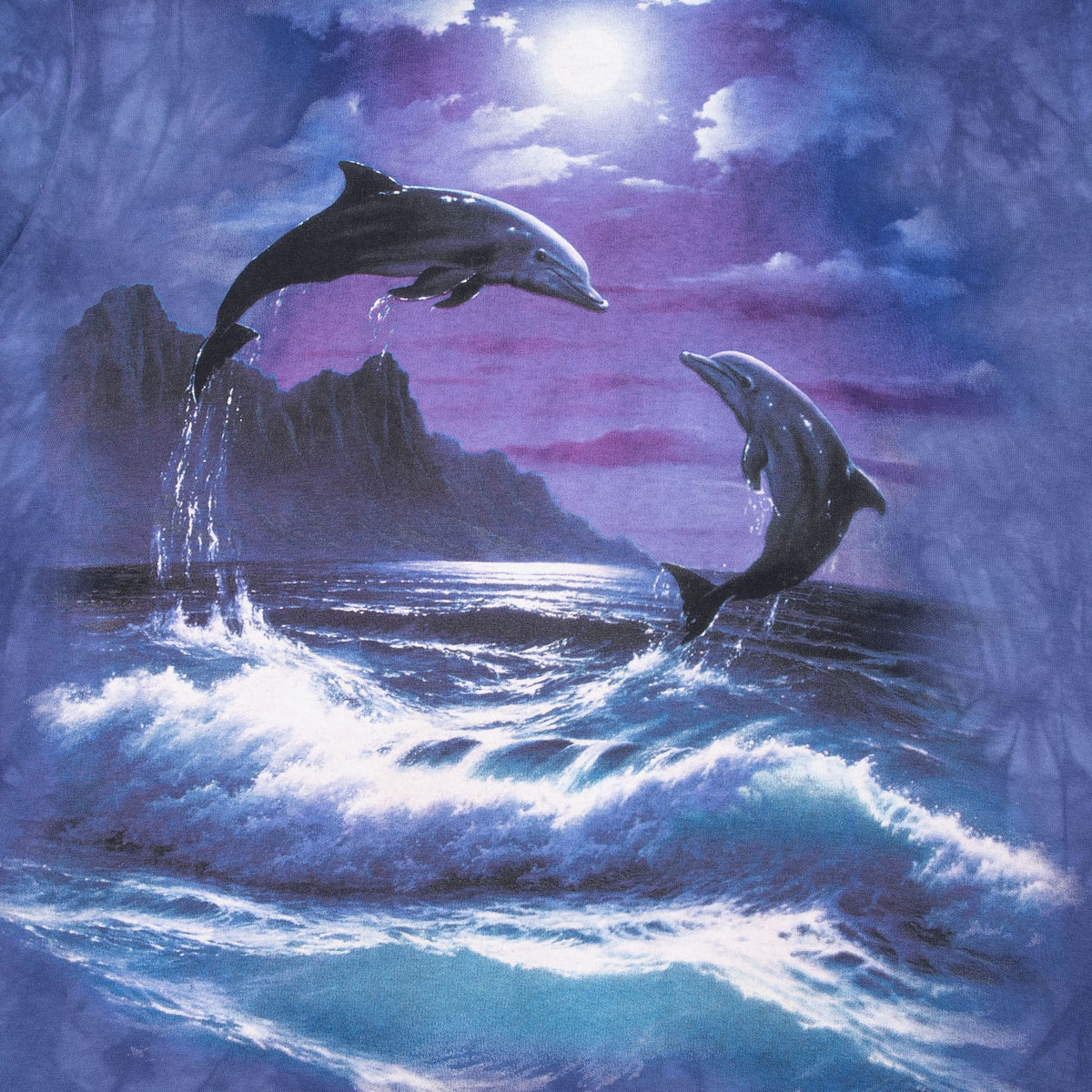 Close-up of two dolphins leaping above waves in a moonlit ocean scene