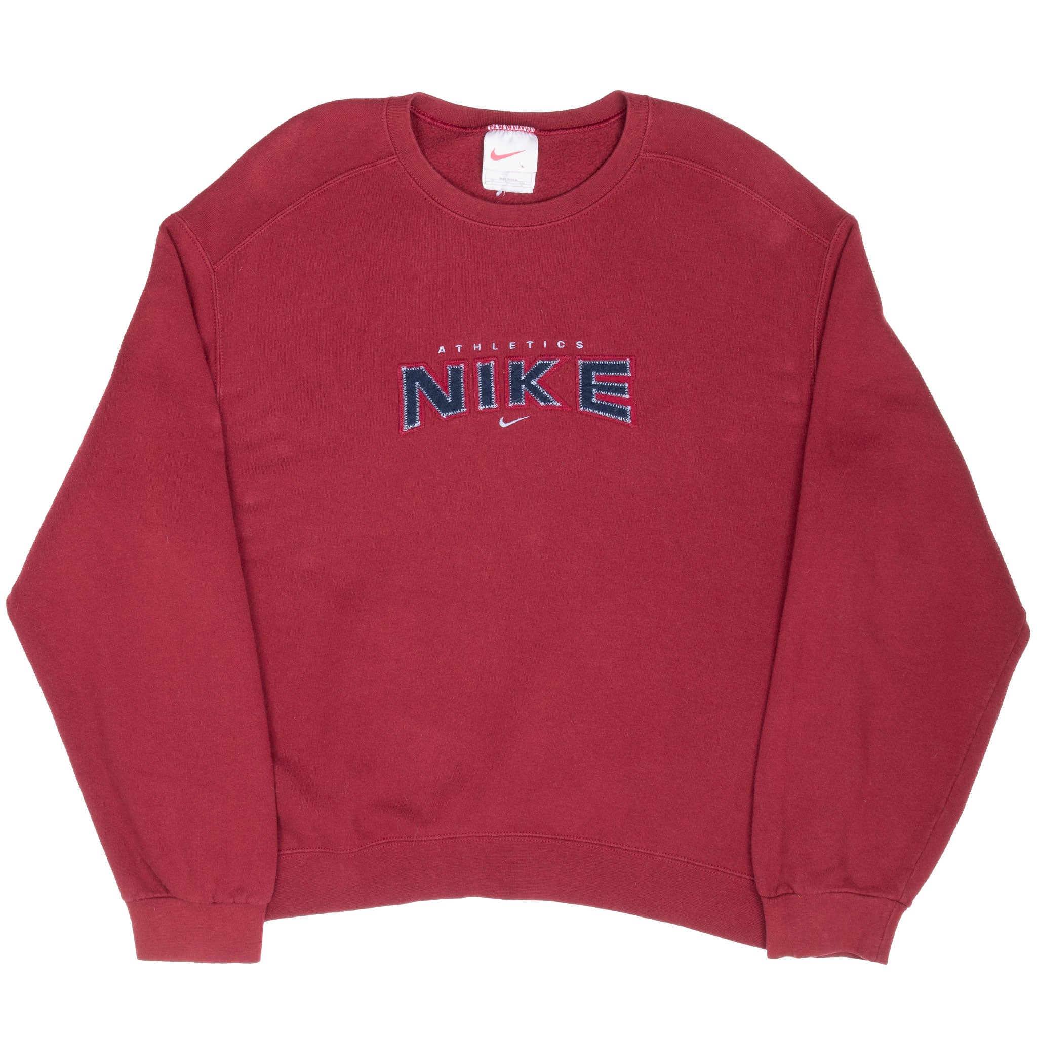 Front of burgundy Nike crewneck sweatshirt with Athletics chest logo