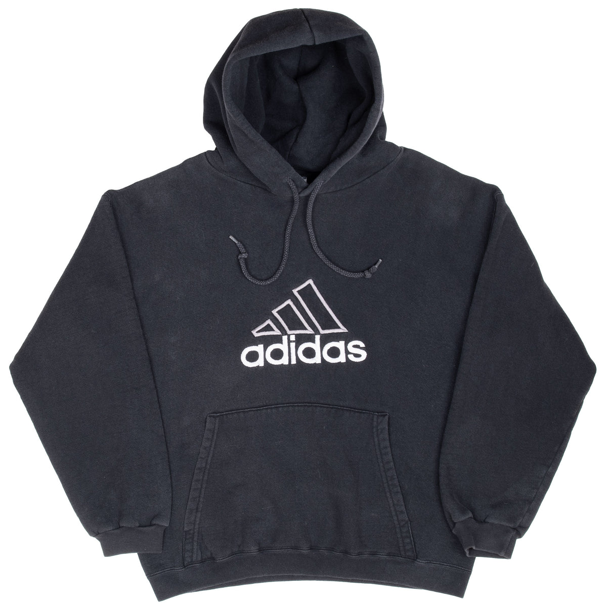 Front view of black Adidas hoodie with drawstring hood, white logo, and pouch pocket