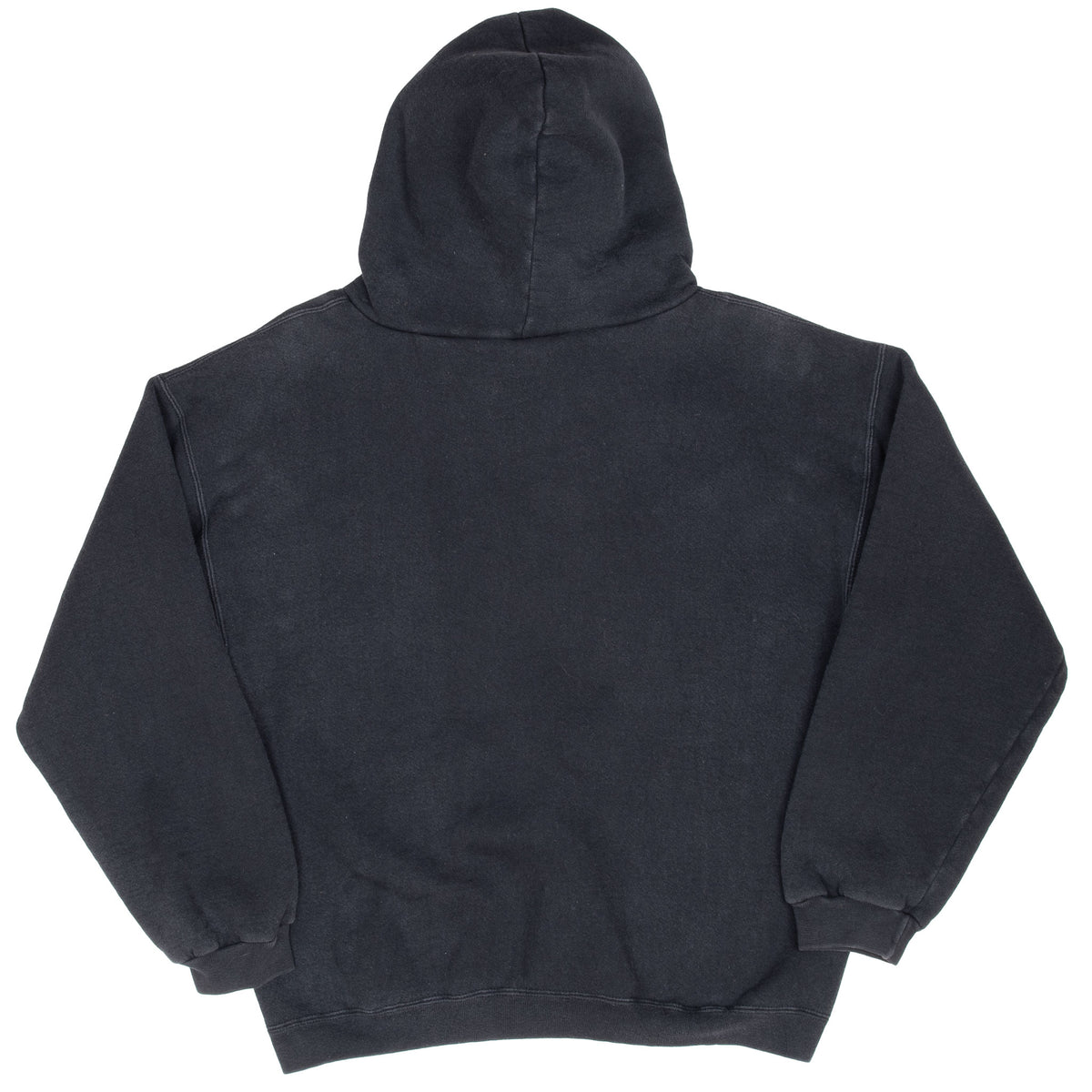 Back of black Adidas pullover hoodie with plain design and ribbed hem