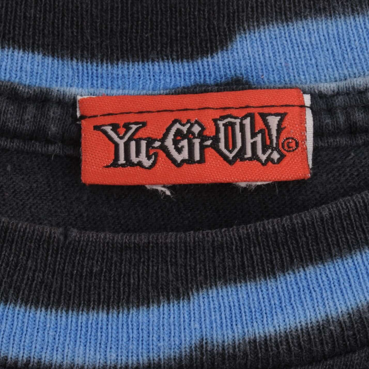Close-up of red Yu-Gi-Oh neck label and blue-striped black collar