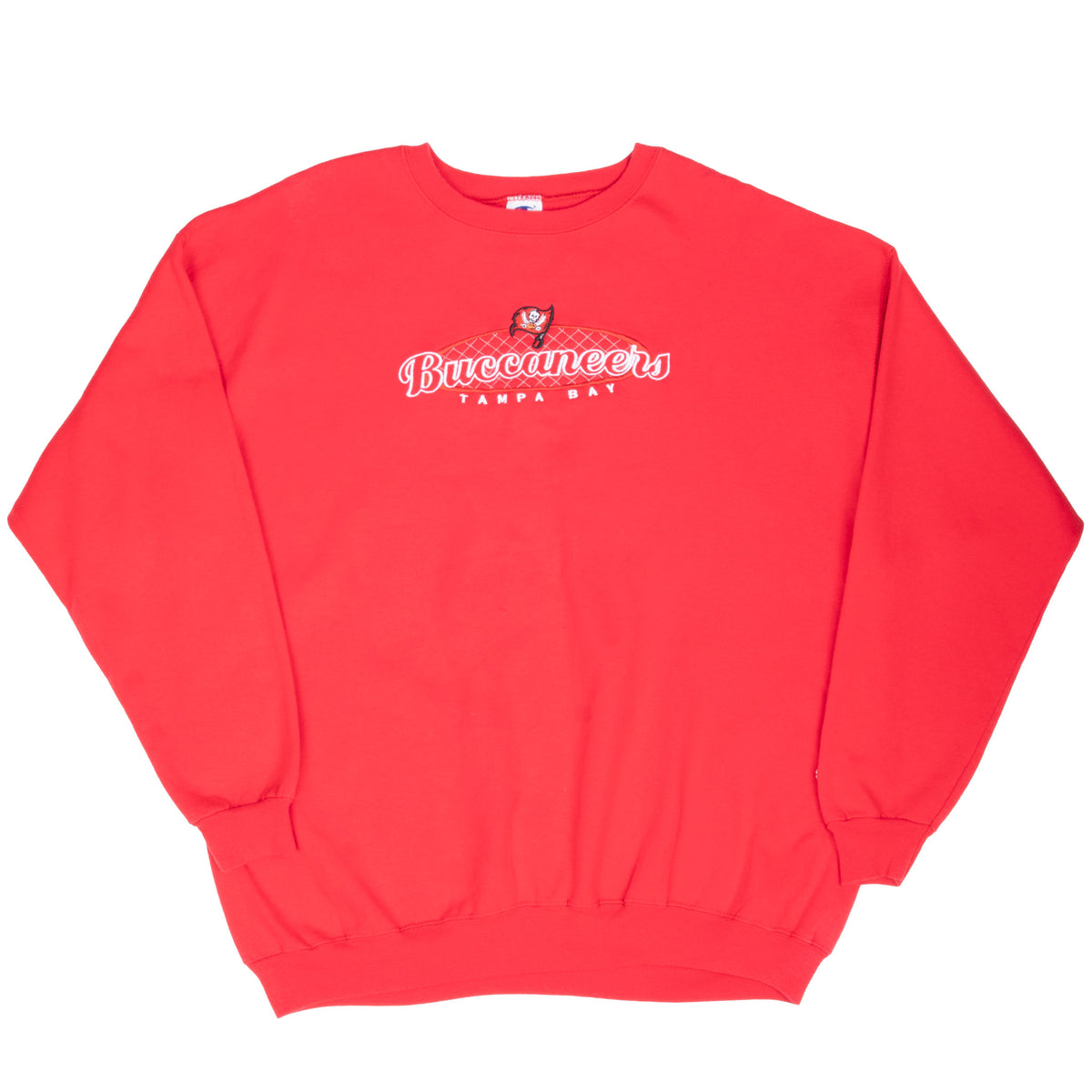 Full front view of red Champion Tampa Bay Buccaneers embroidered sweatshirt
