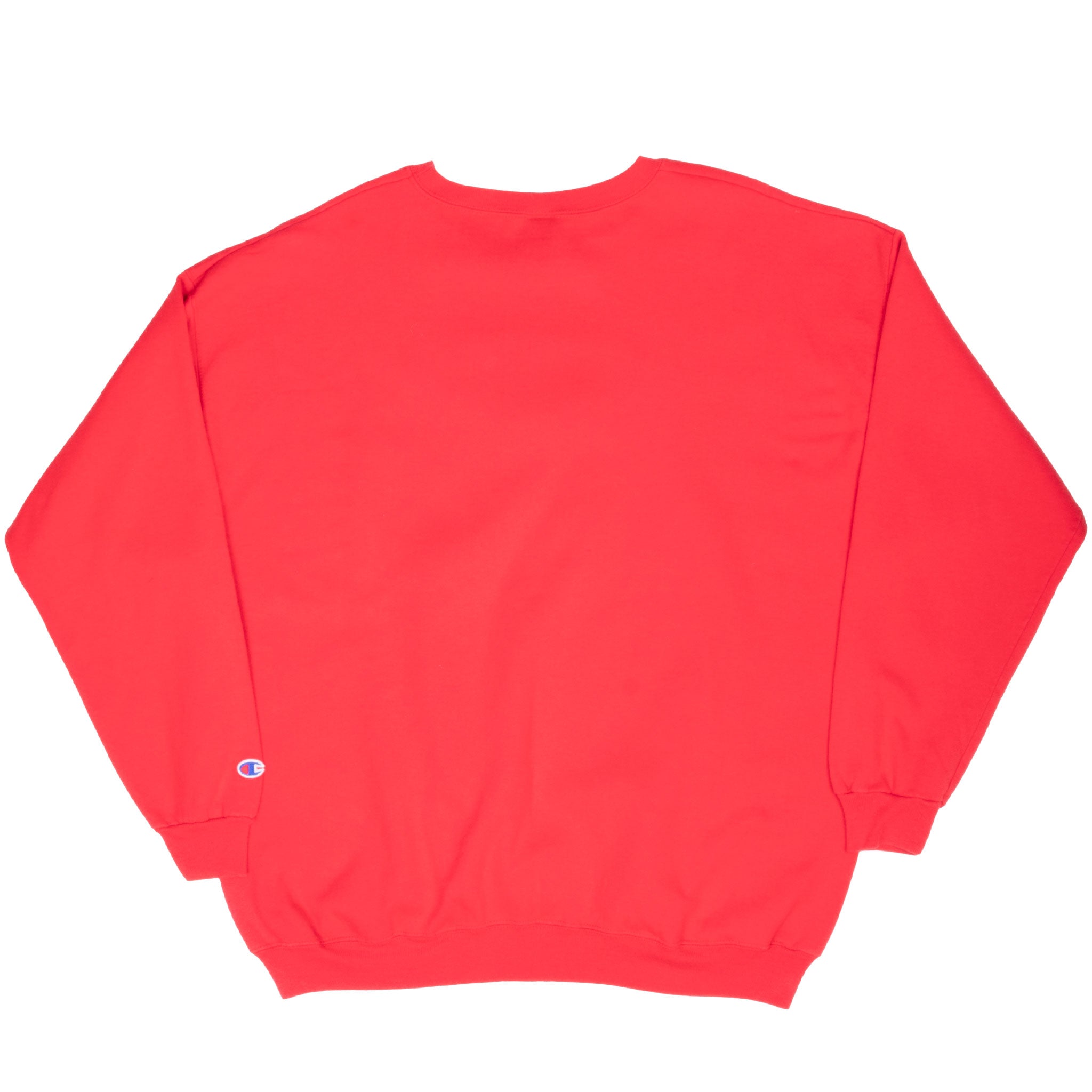 Back of red Champion Tampa Bay Buccaneers sweatshirt with small sleeve logo
