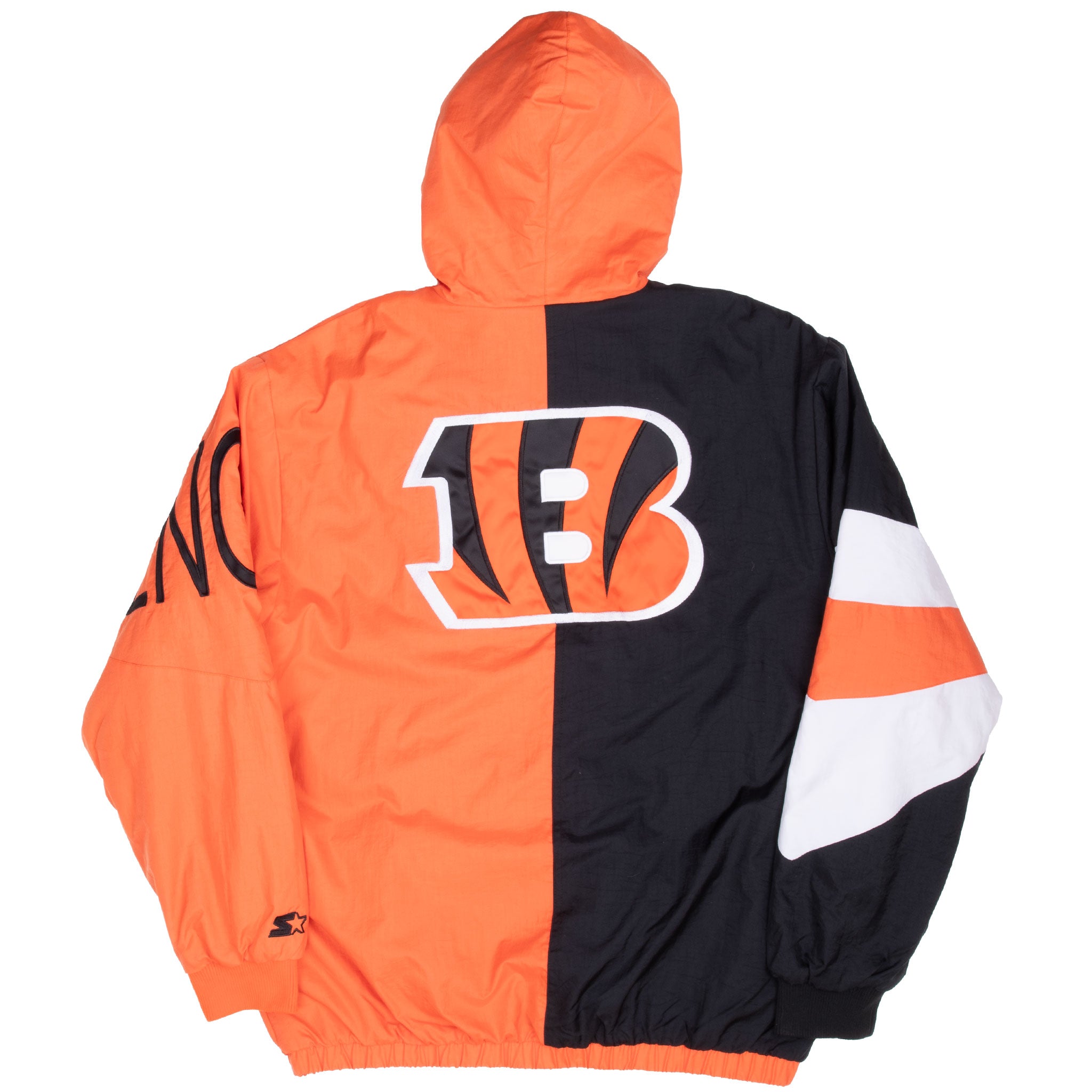 Back of orange and black Cincinnati Bengals hooded windbreaker with large team logo