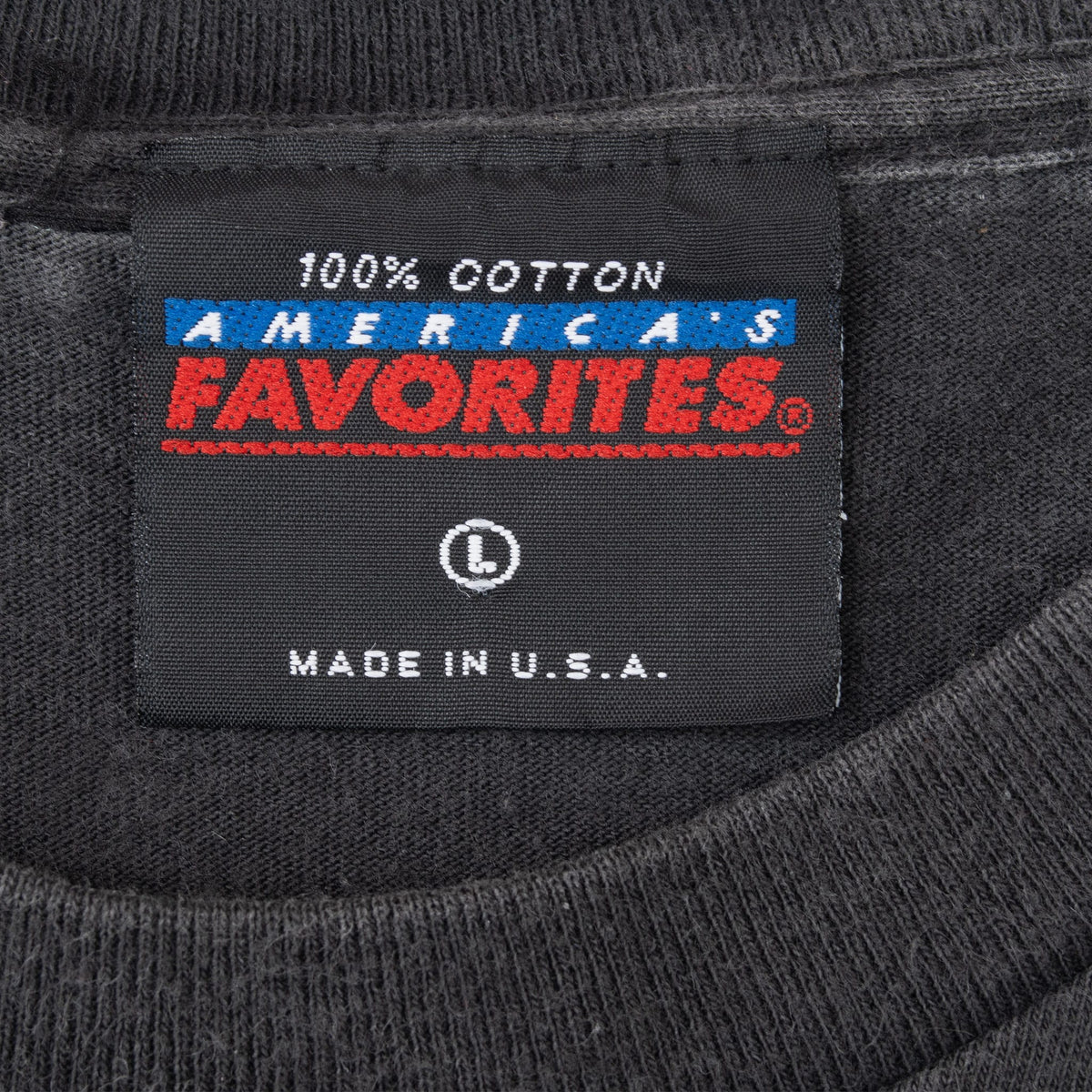 America's Favorites neck tag marked 100% cotton, large and made in USA