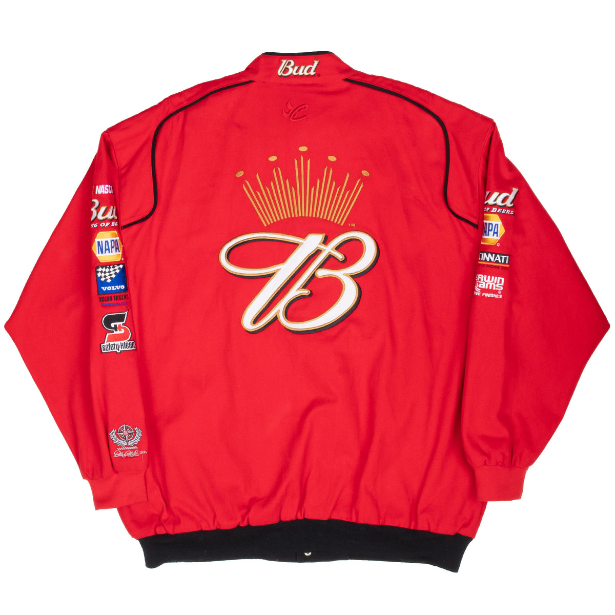 Back of red Budweiser NASCAR racing jacket with large crowned B embroidery