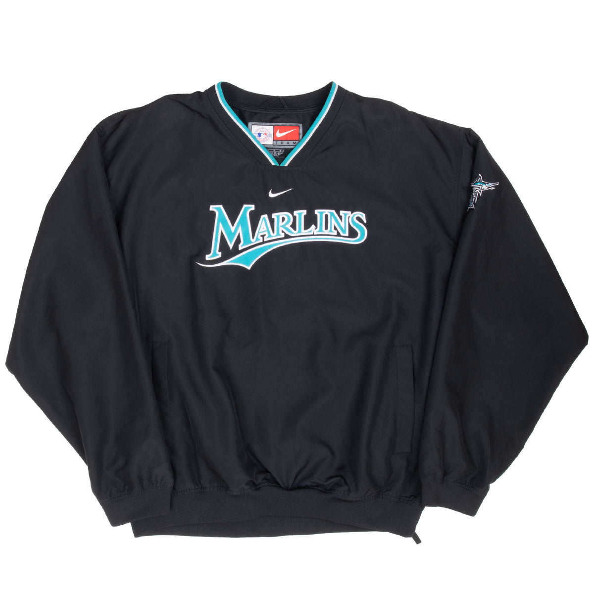 Full front view of black Nike Florida Marlins pullover windbreaker jacket