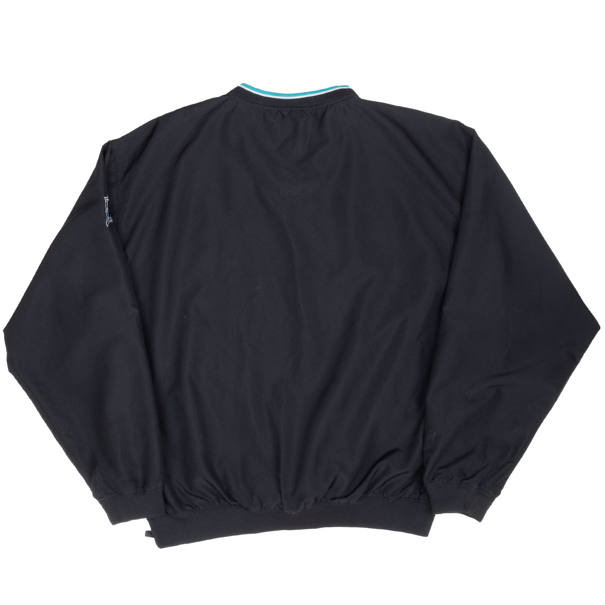 Back of black Nike Florida Marlins pullover windbreaker jacket with teal-trimmed collar