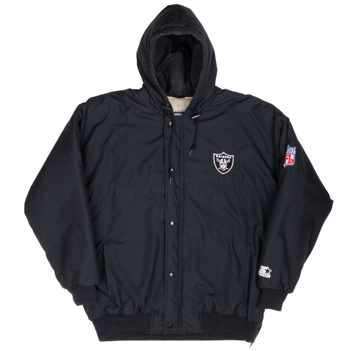 Black Los Angeles Raiders Starter hooded jacket front with snap closure and ribbed trim