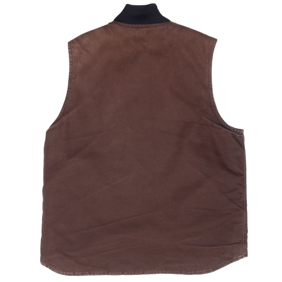 Back of brown Carhartt V02DKB vest with black rib-knit collar and rounded hem