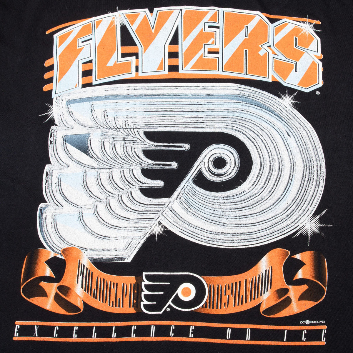 Close-up of Flyers logo, ribbon and Excellence on Ice front print