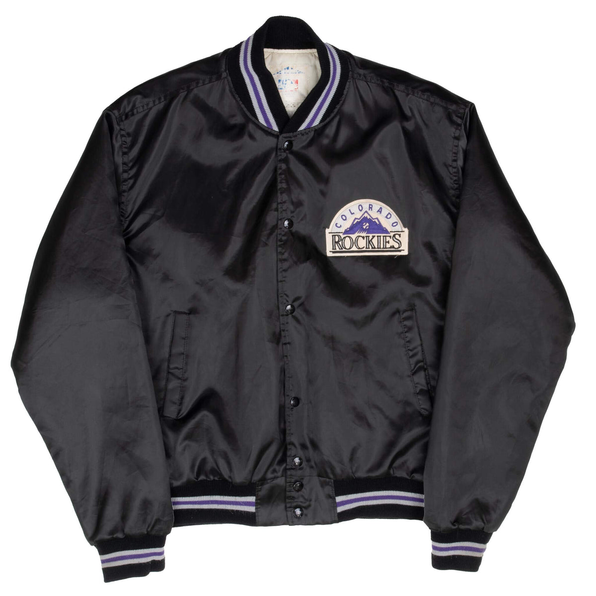 Front of black Colorado Rockies satin varsity jacket with striped ribbed trim