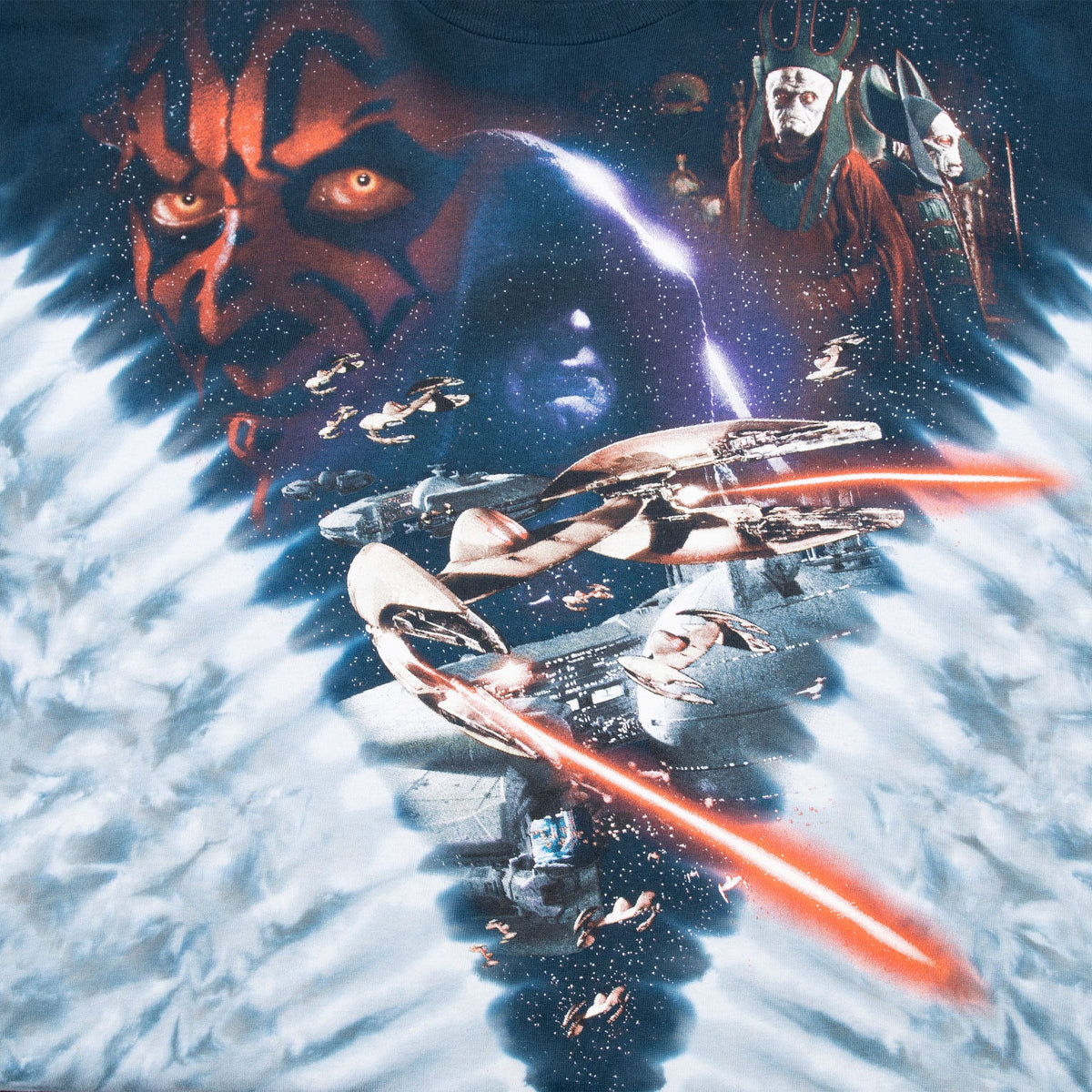 Front graphic detail with Darth Maul, Queen Amidala, spacecraft, and red laser effects