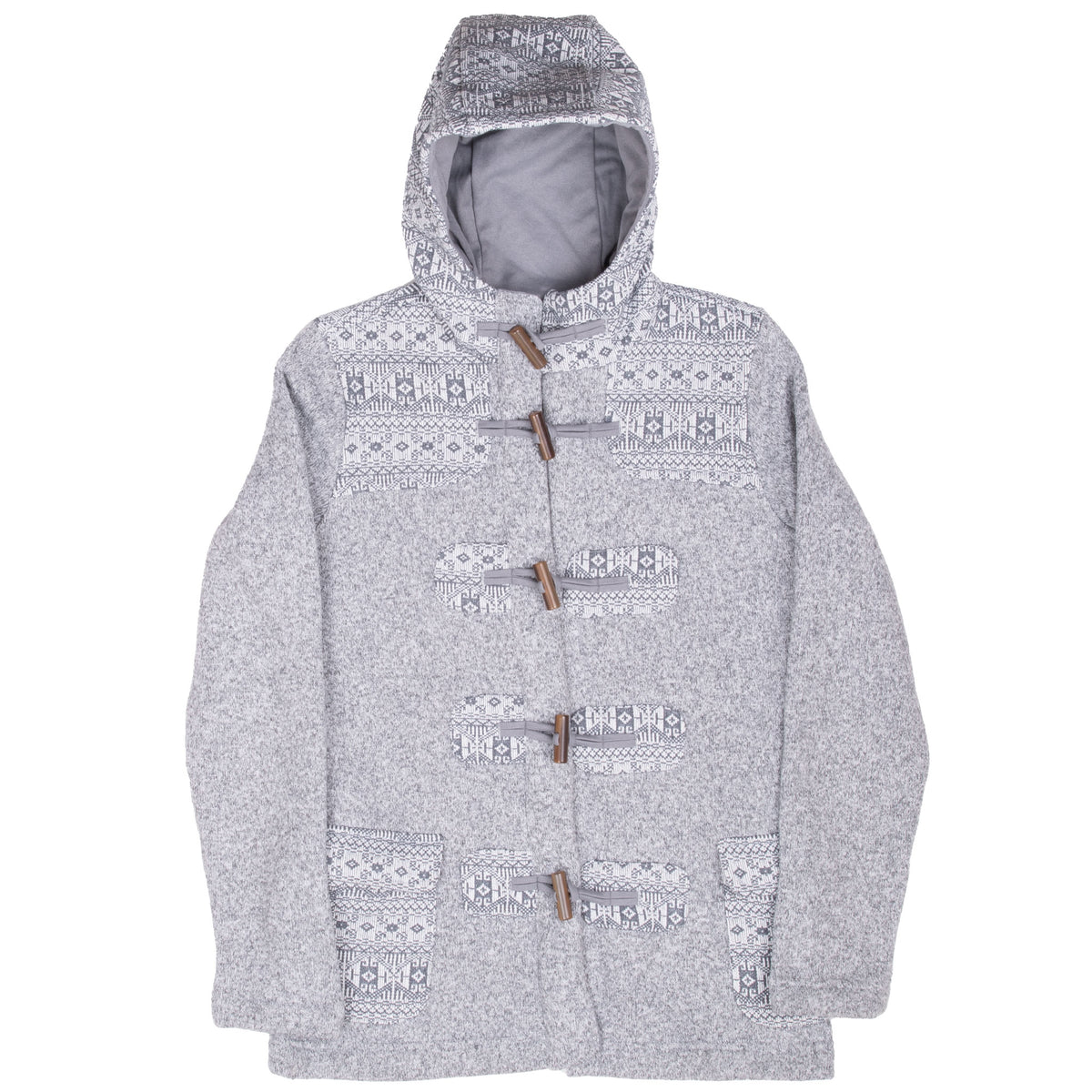 Front of Patagonia women's grey Icelandic coat showing patterned trim, hood, pockets, and toggles