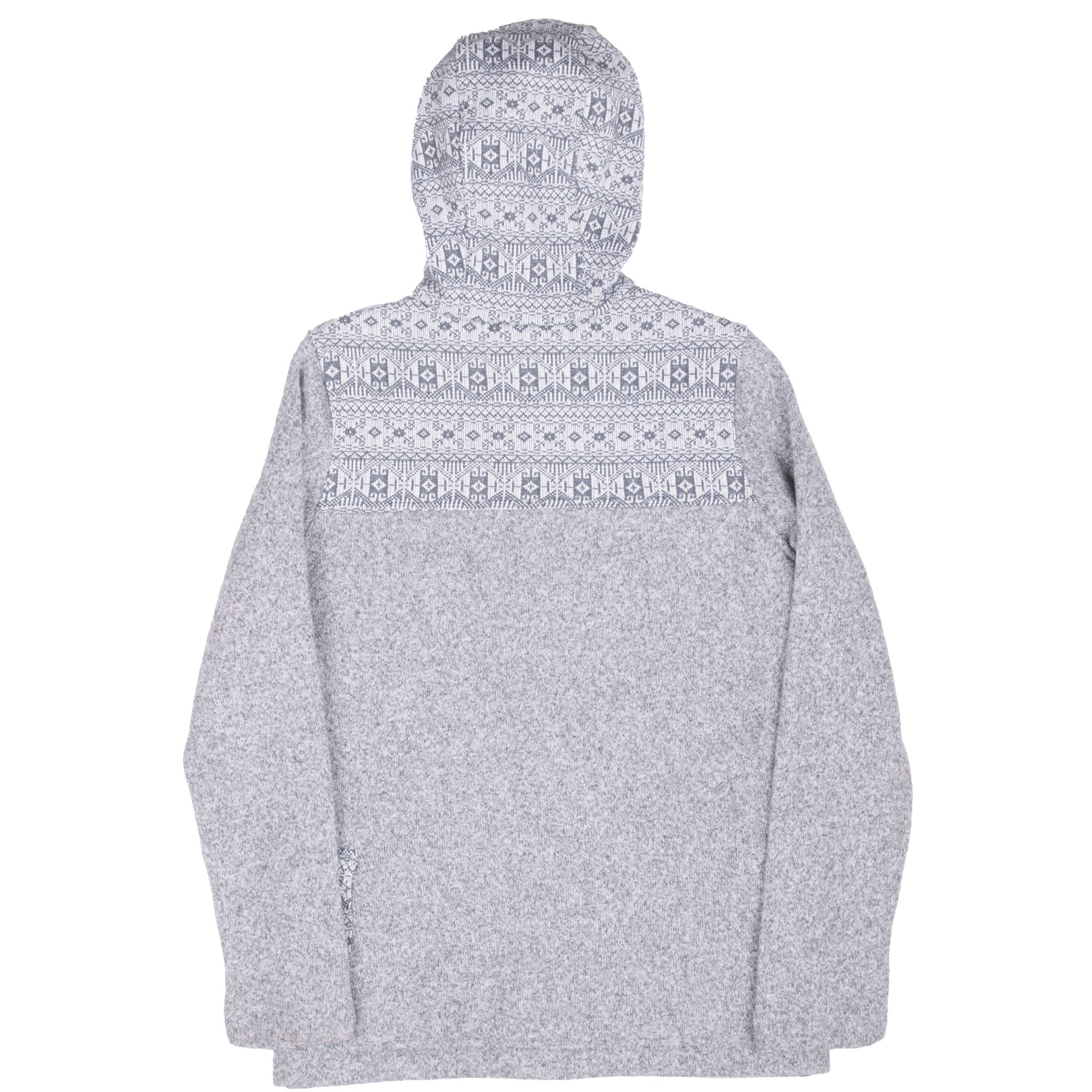 Back of Patagonia women's grey Better Sweater Icelandic coat with patterned hood and yoke
