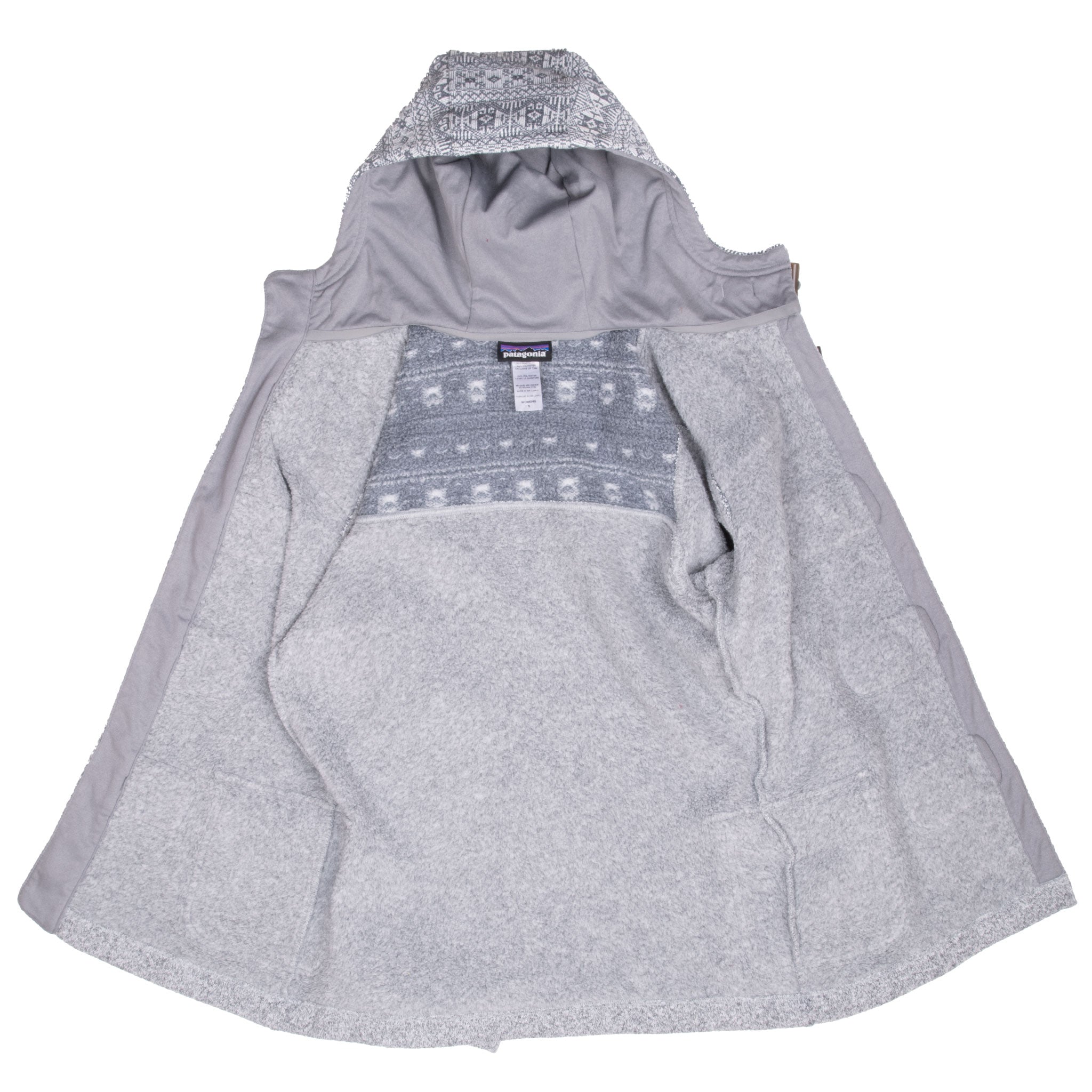 Open interior of Patagonia grey Better Sweater Icelandic coat showing hood lining and fleece