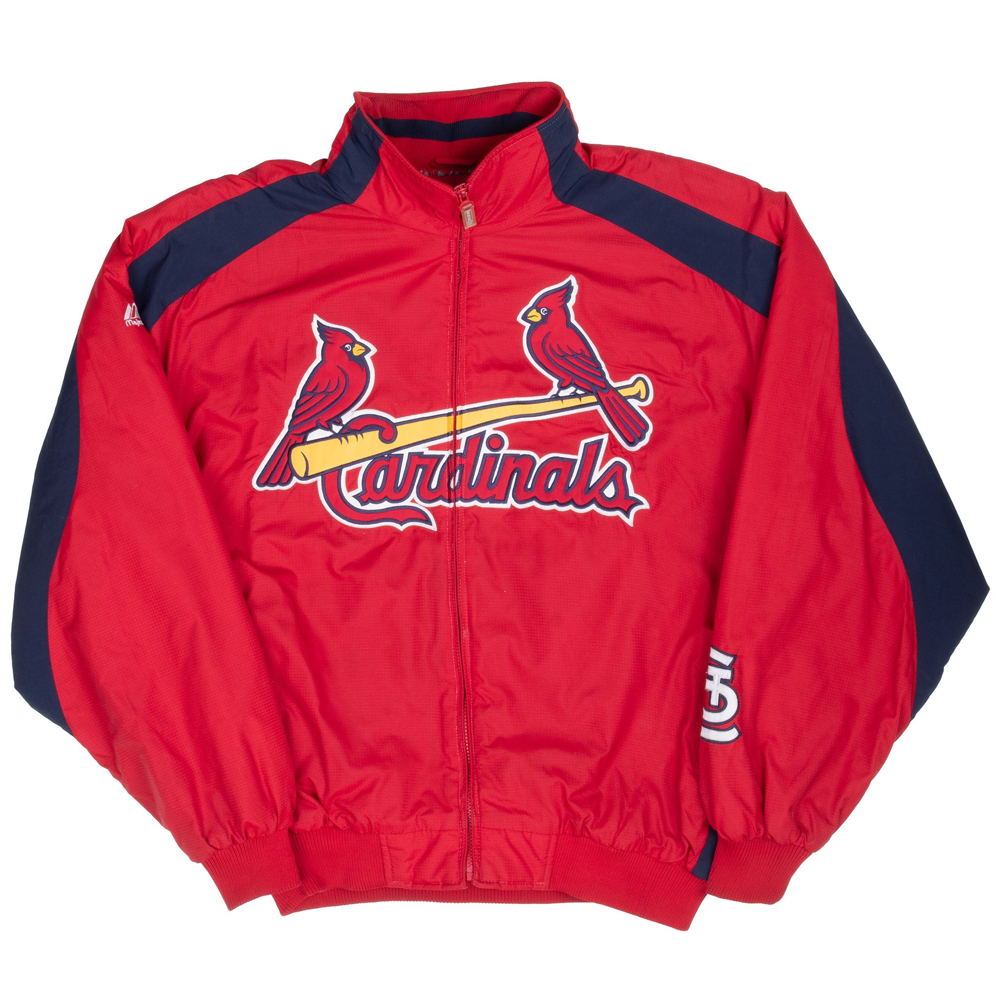 Full front view of red Majestic St. Louis Cardinals windbreaker with navy panels