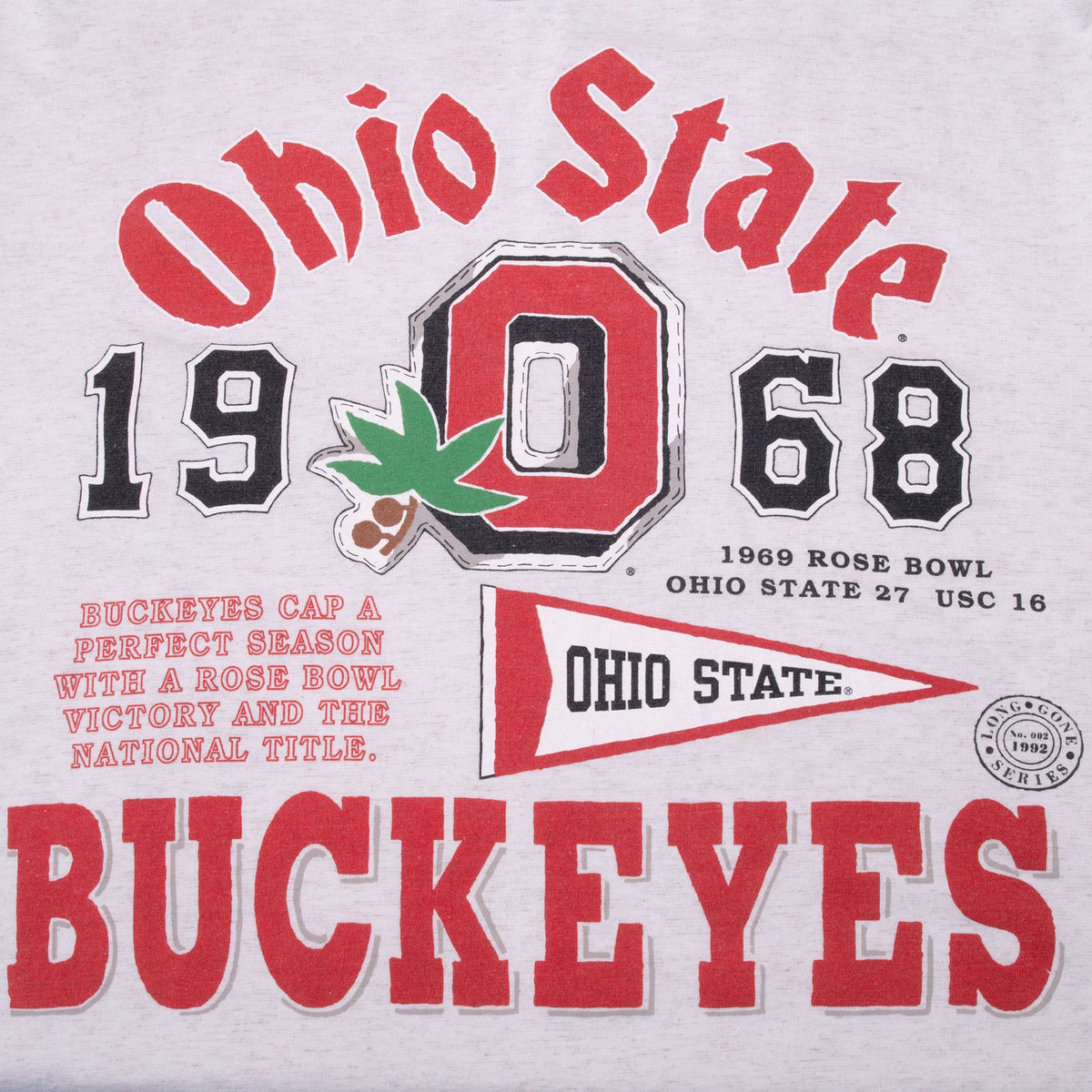 Front print detail with Ohio State 1968, Block O, buckeye, Rose Bowl pennant and Buckeyes text