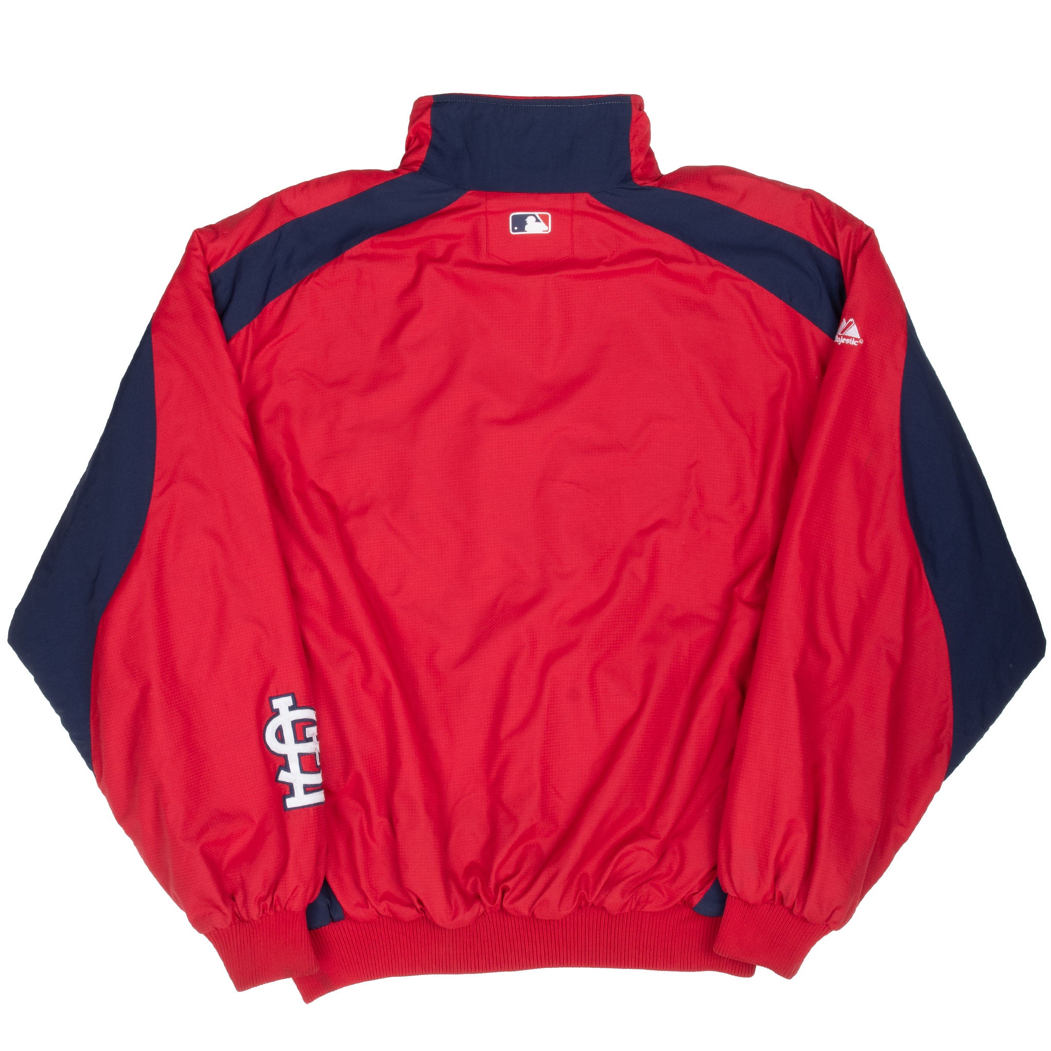 Back of red and navy St. Louis Cardinals windbreaker with MLB logo at neck