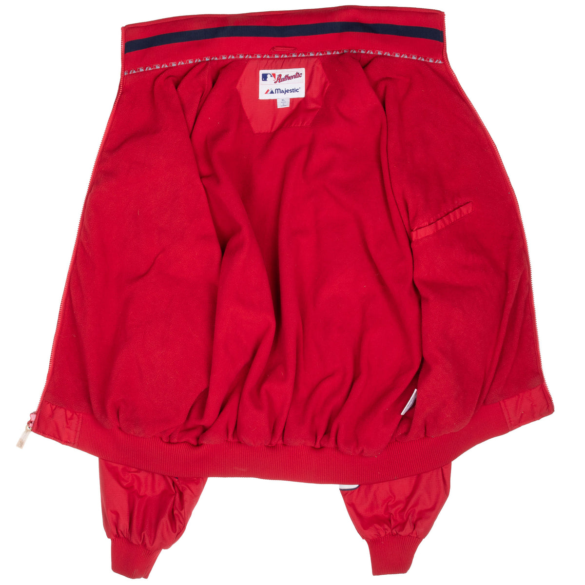 Interior view of red Majestic St. Louis Cardinals windbreaker jacket