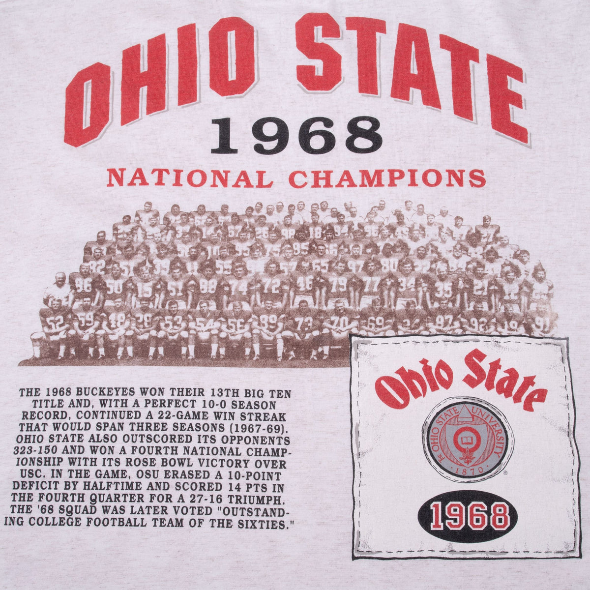 Back print detail with Ohio State 1968 National Champions team photo and season text