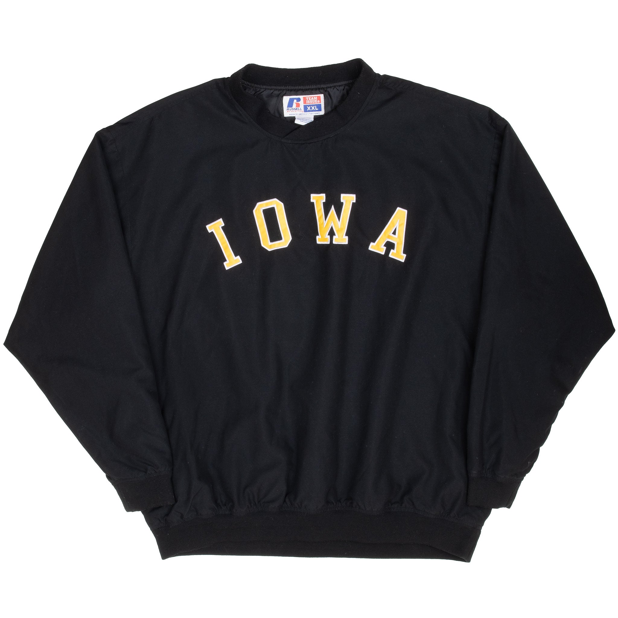 Full front view of black Iowa Hawkeyes pullover windbreaker jacket