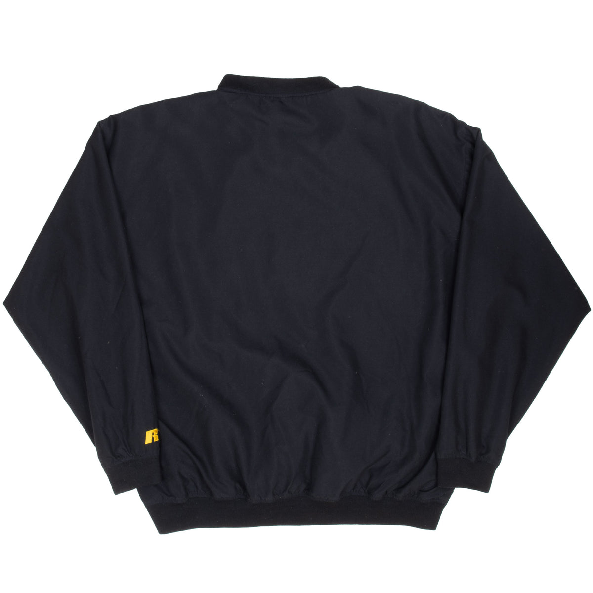 Back of black Iowa Hawkeyes pullover windbreaker with small Russell Athletic logo