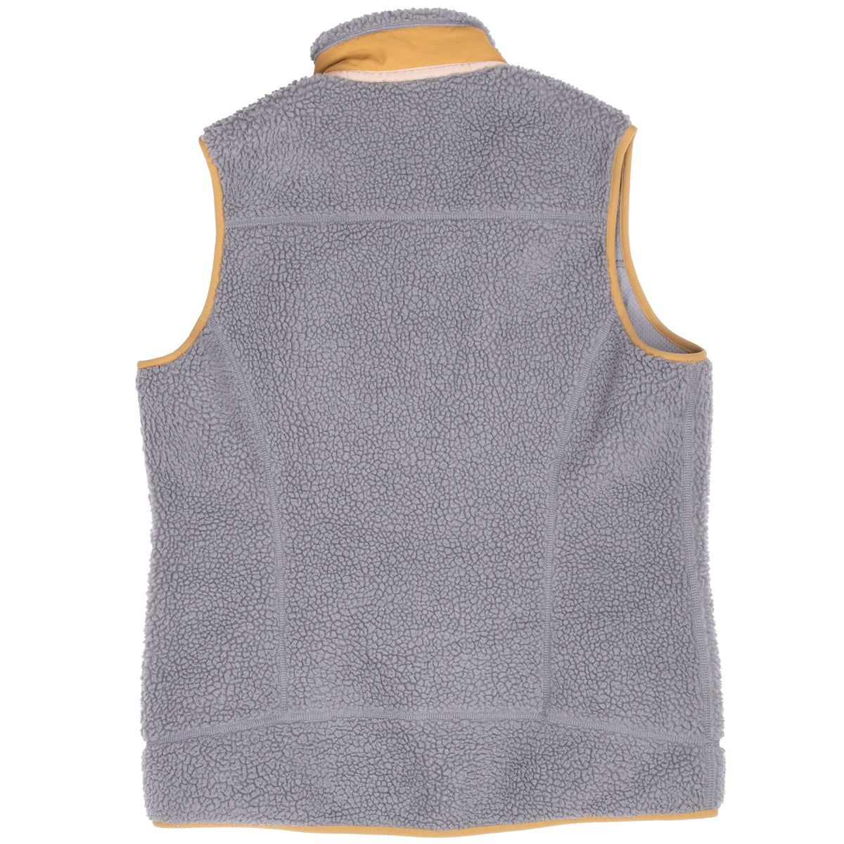 Back of Patagonia Classic Retro-X grey fleece vest with mustard trim