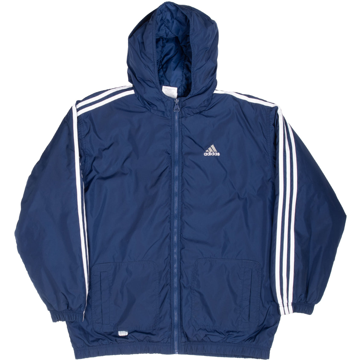 Full front view of blue Adidas hooded windbreaker with zip closure and pockets