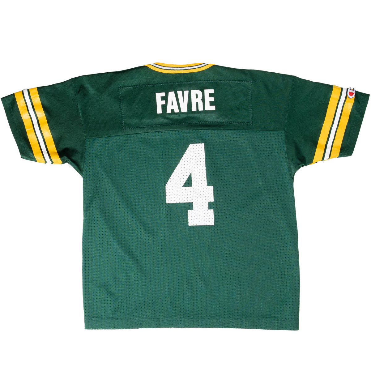 Back of green Packers jersey with FAVRE name and white number 4