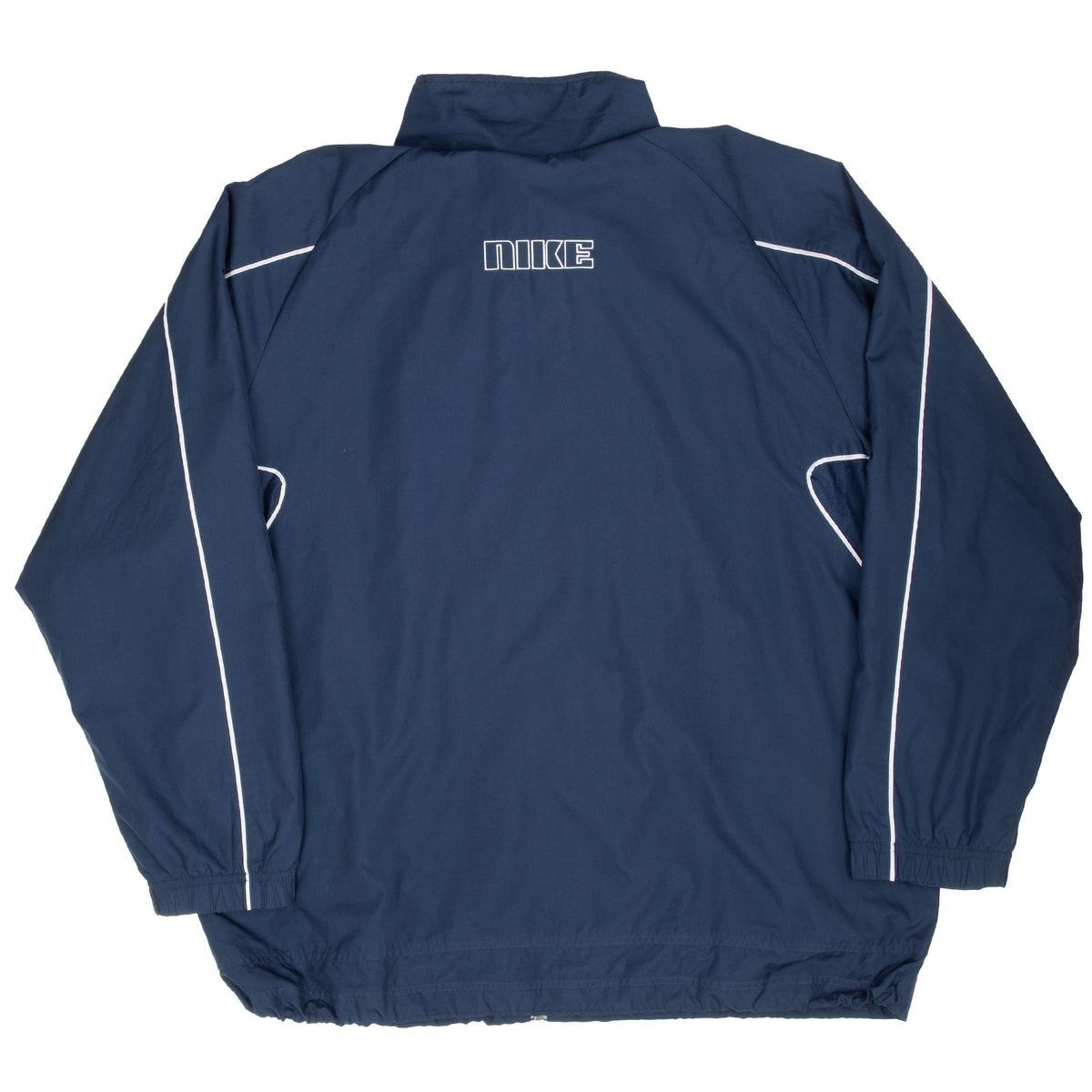 Back of navy Nike windbreaker jacket with outlined logo and white piping