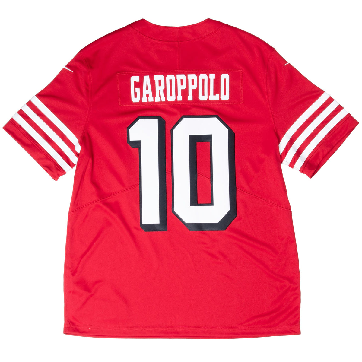 Back of red 49ers jersey with GAROPPOLO nameplate, white number 10 and striped sleeves