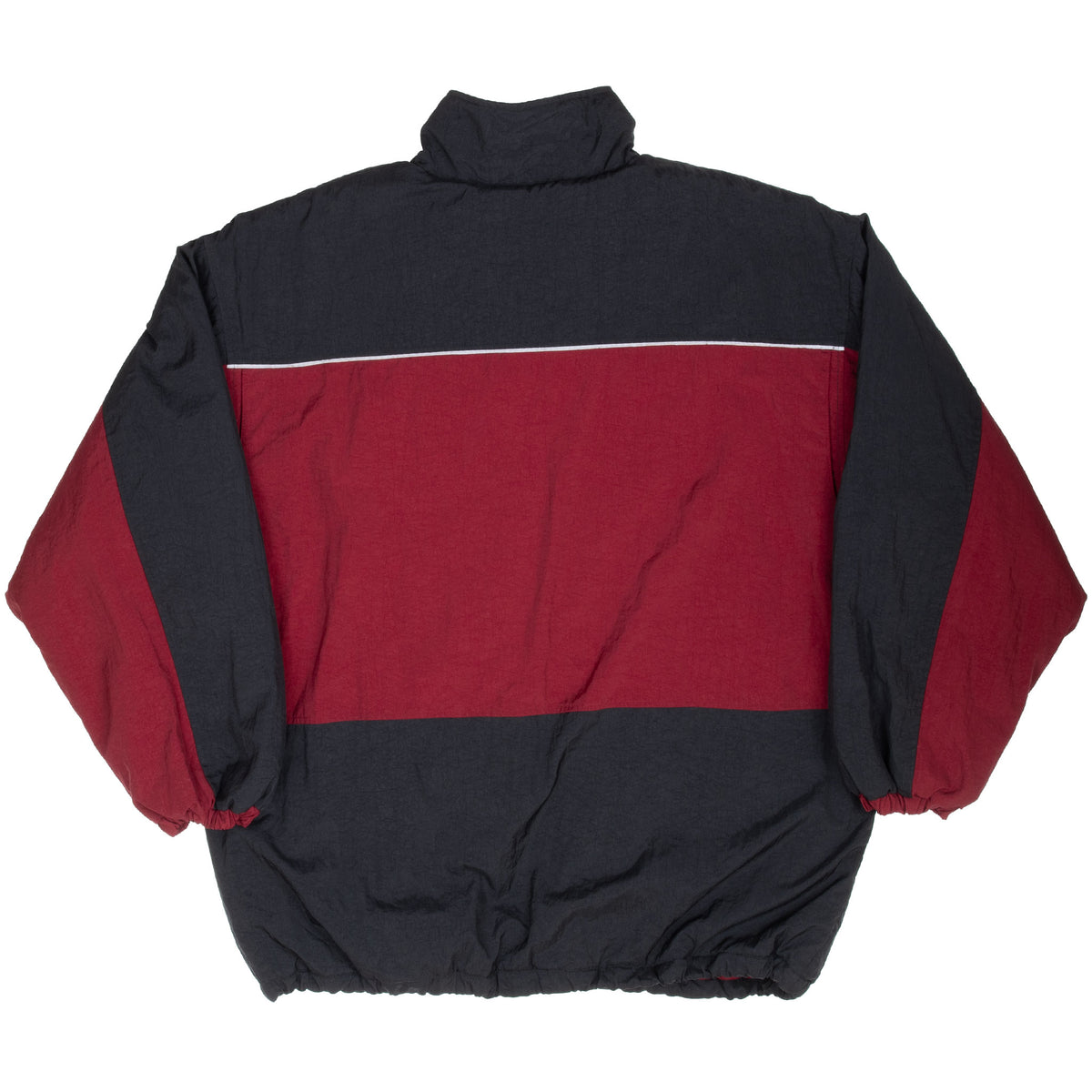 Back of black and burgundy Nike windbreaker jacket with white piping
