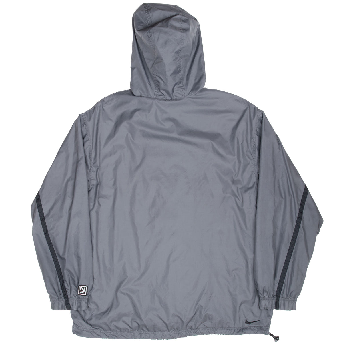 Back of grey Nike hooded windbreaker with black sleeve stripes and small Nike details
