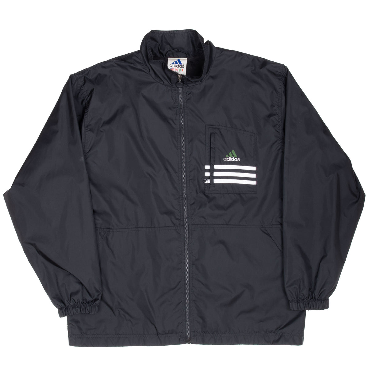 Front of black Adidas zip-up windbreaker with striped chest pocket