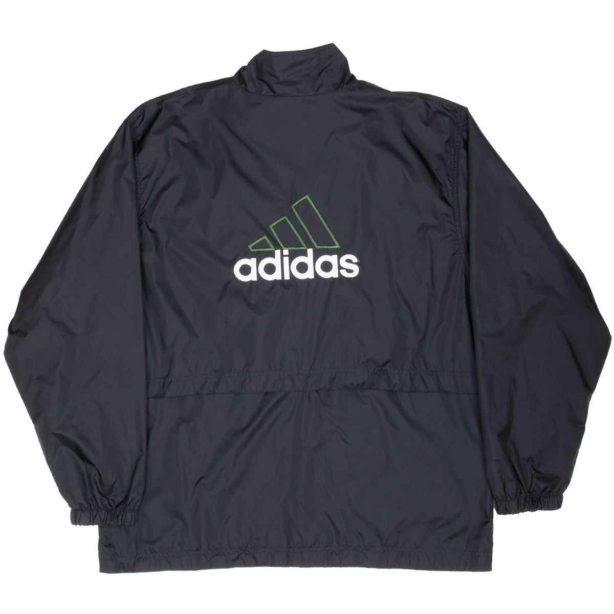 Back of black Adidas windbreaker with large white and green logo