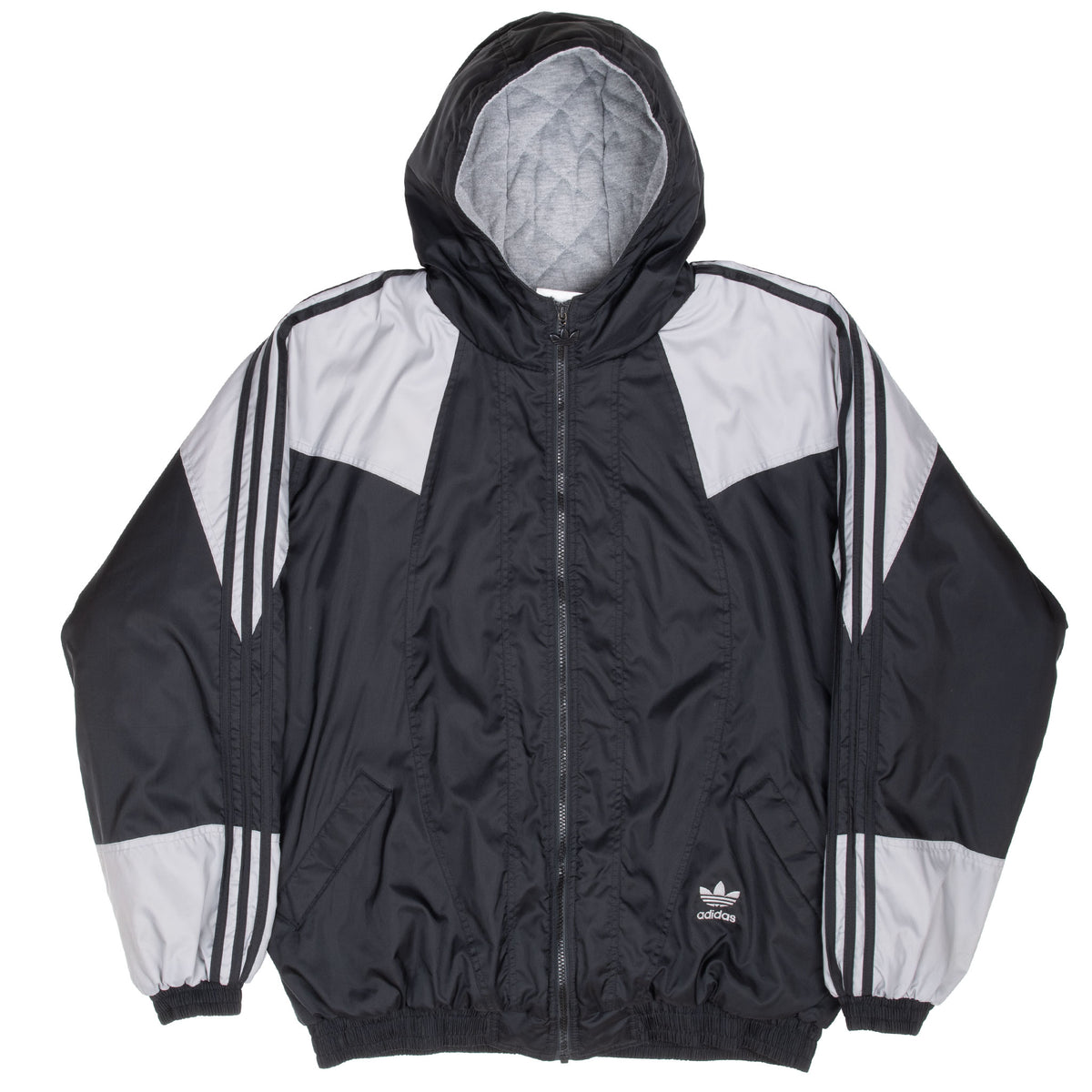 Front view of black and grey Adidas hooded windbreaker jacket