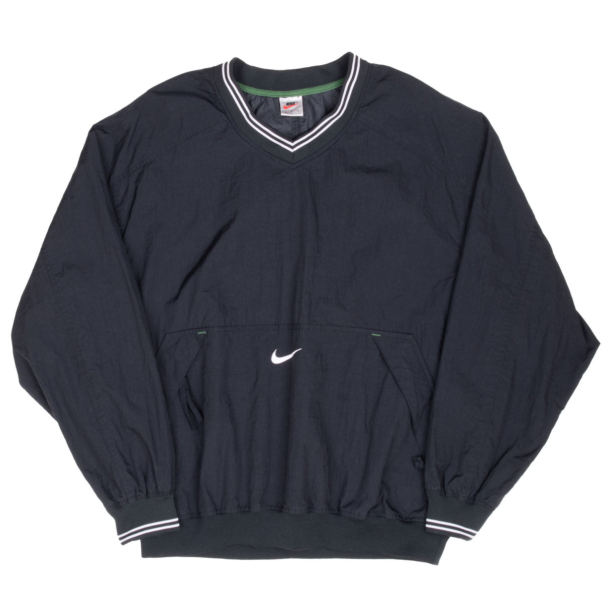 Full front of black Nike pullover windbreaker with center Swoosh and pouch pocket