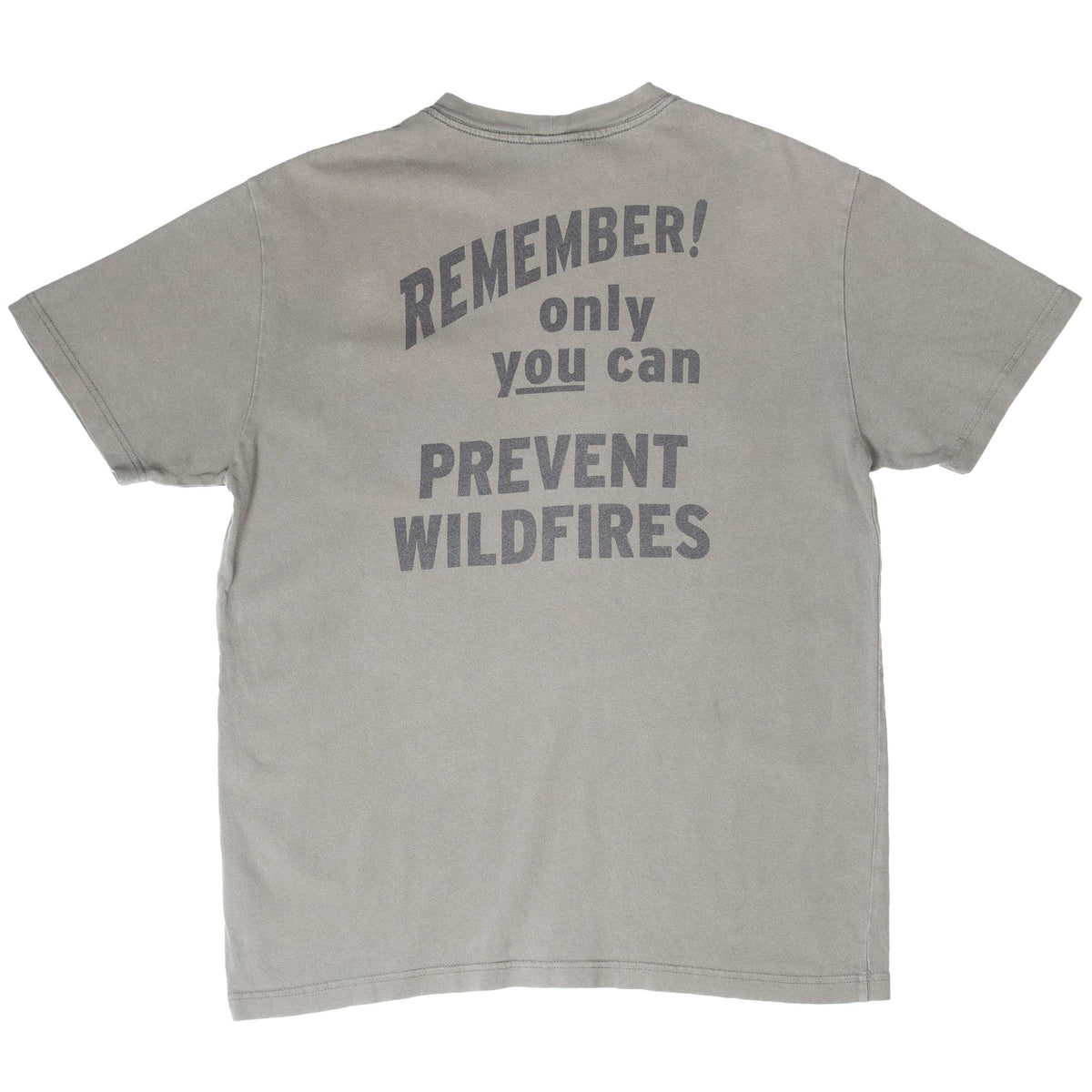 Back of green Filson T-shirt with Remember! Only You Can Prevent Wildfires print
