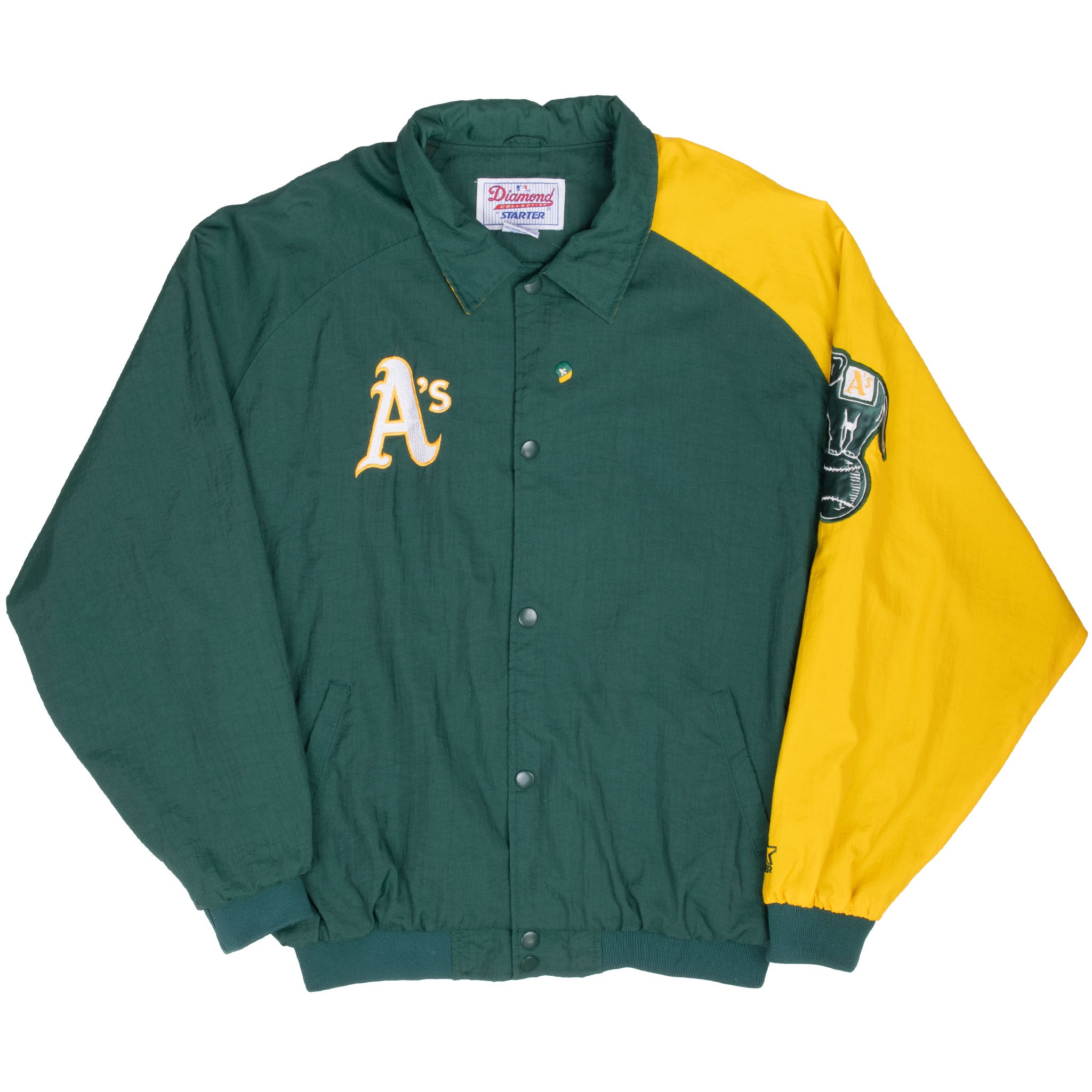 Full front view of green and yellow Starter Oakland Athletics windbreaker jacket