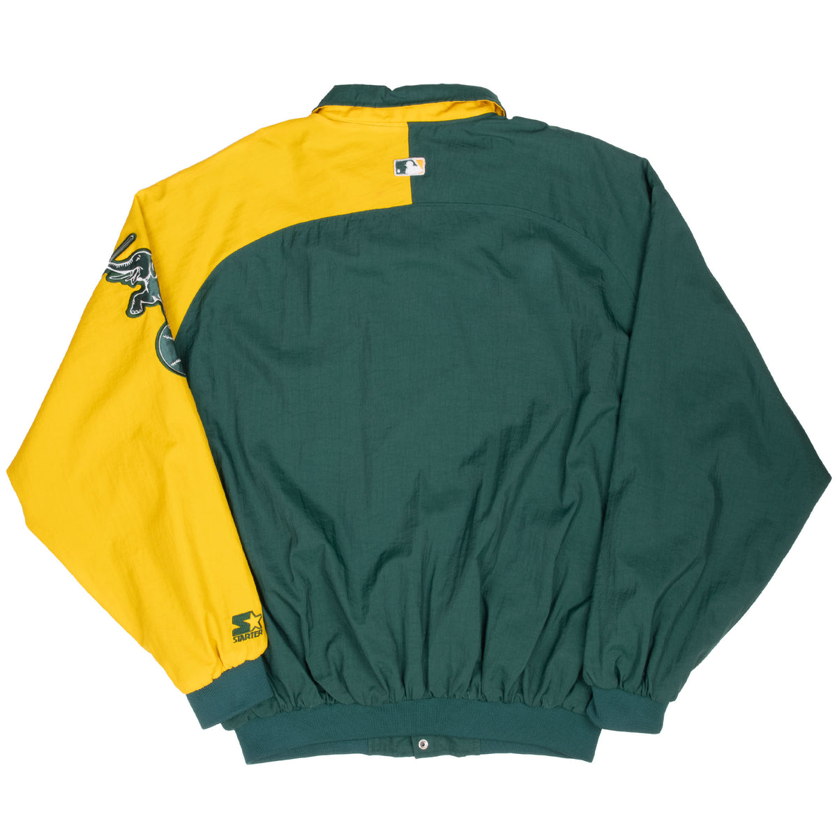 Back of green and yellow Starter Oakland Athletics windbreaker jacket with MLB logo