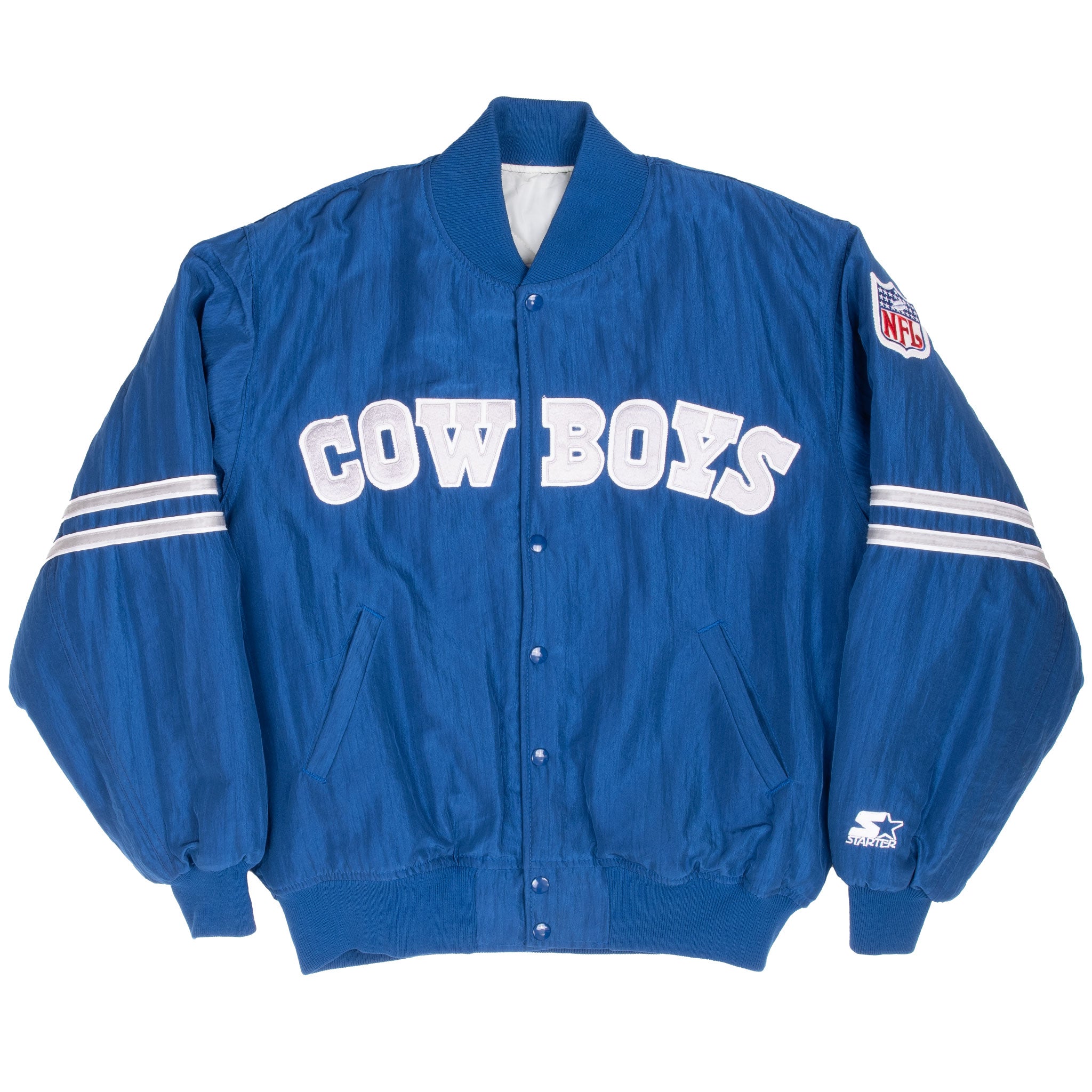 Full front view of blue Starter Dallas Cowboys bomber jacket with snap closure