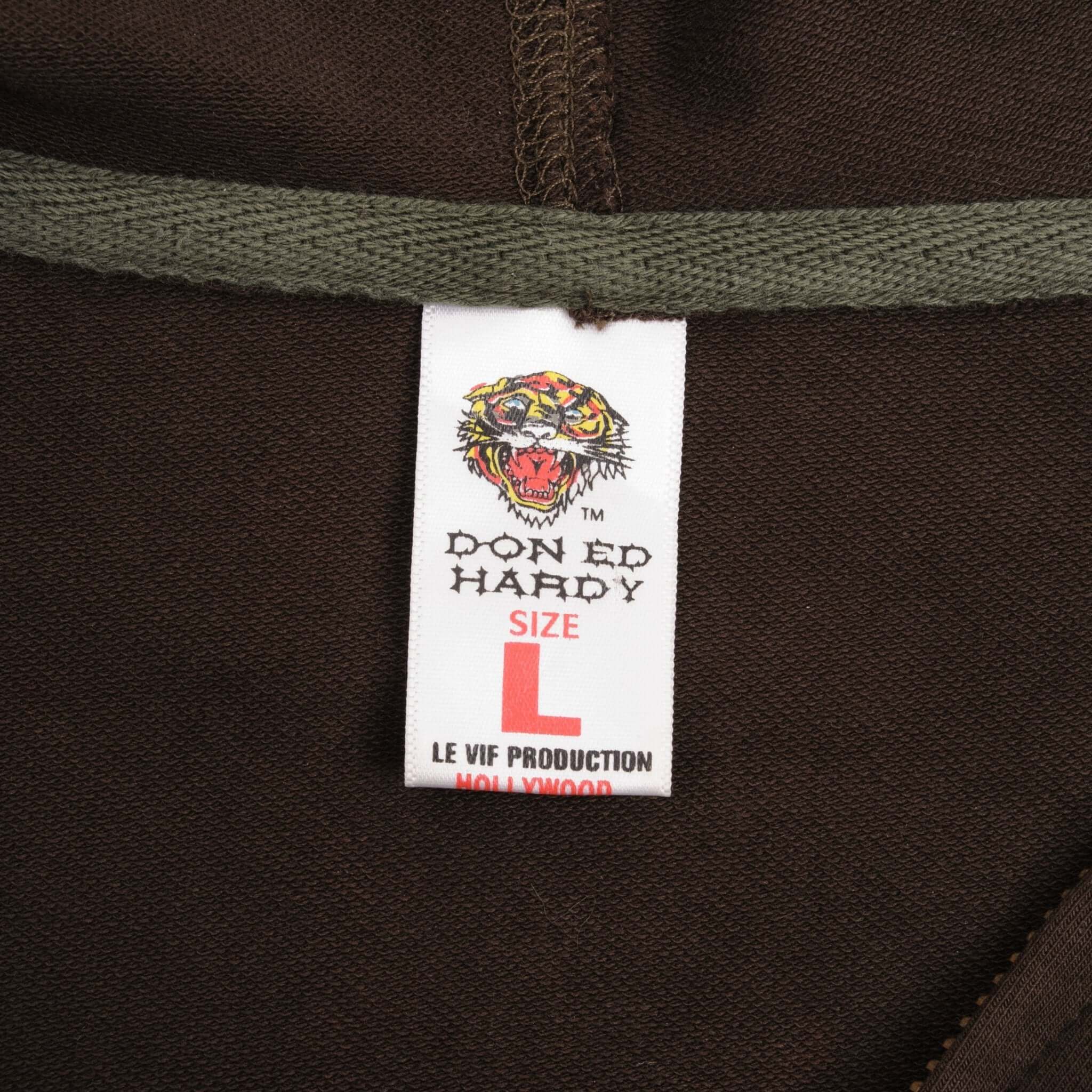 Vintage Ed Hardy Rhinestones Full Zip Hoodie Sweatshirt 2000S Size Women Large Made In USA