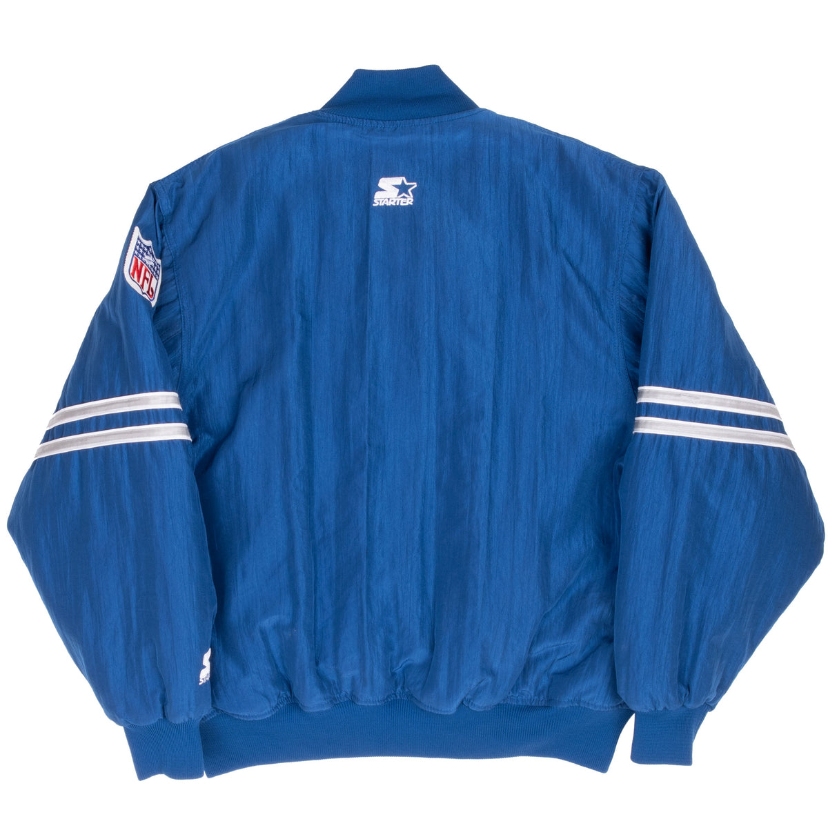 Back of blue Starter Dallas Cowboys bomber jacket with striped sleeves and NFL patch