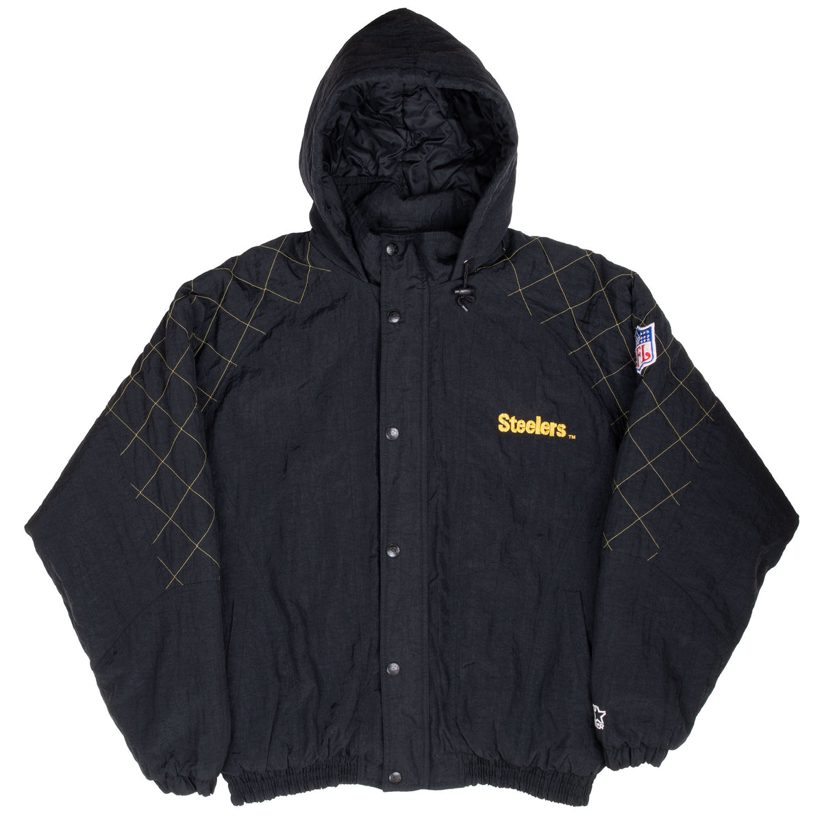 Full front view of black Starter Pittsburgh Steelers hooded windbreaker jacket