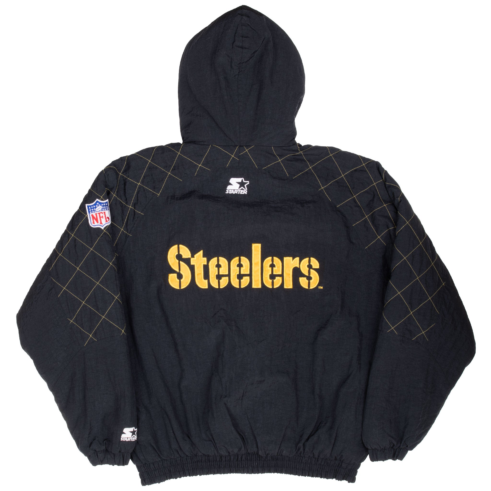 Back of black Starter Steelers hooded jacket with large gold team lettering