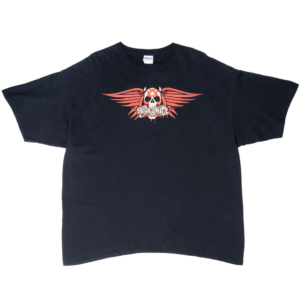 Full front of black Aerosmith short-sleeve T-shirt with centered winged skull graphic